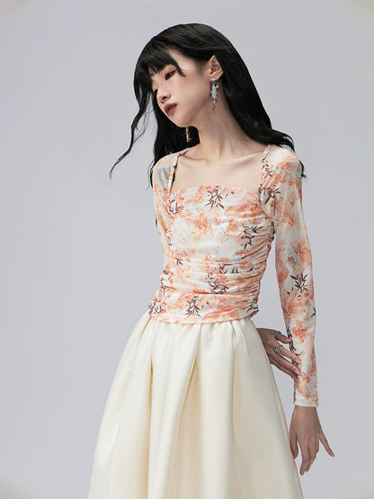 Raglan Mesh Chinese Skirt Set