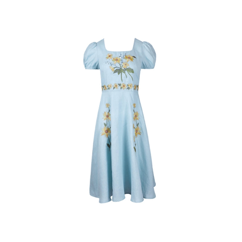 Sunflower Van GoGh Linen Embroidery Dress -One Piece Dress featuring  beautiful linen materials and sunflower embroidery – Serendute