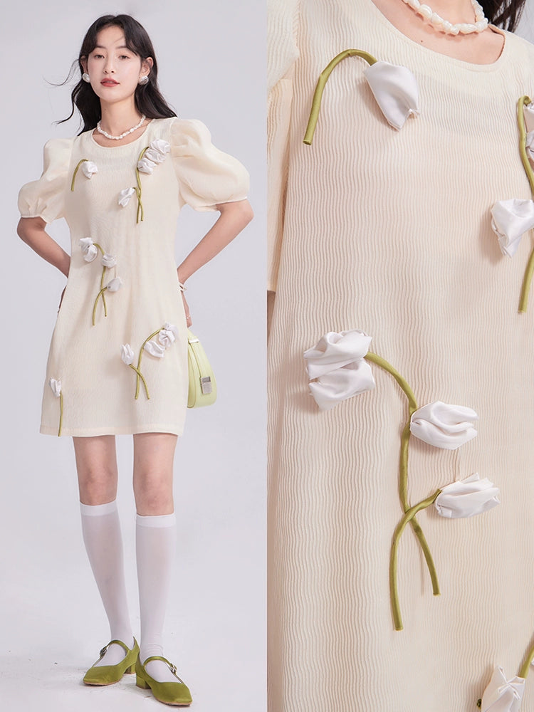 Original Design Seed Germinated Handmade Tulip Bubble Sleeves Loose Straight Dress