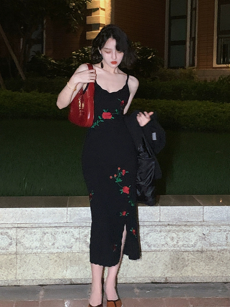 Hong Kong Style: Rose Embroidery Black Dress - S / Black. Sling Hong Kong Style: Rose Embroidery Black Dress - S / Black. Sling