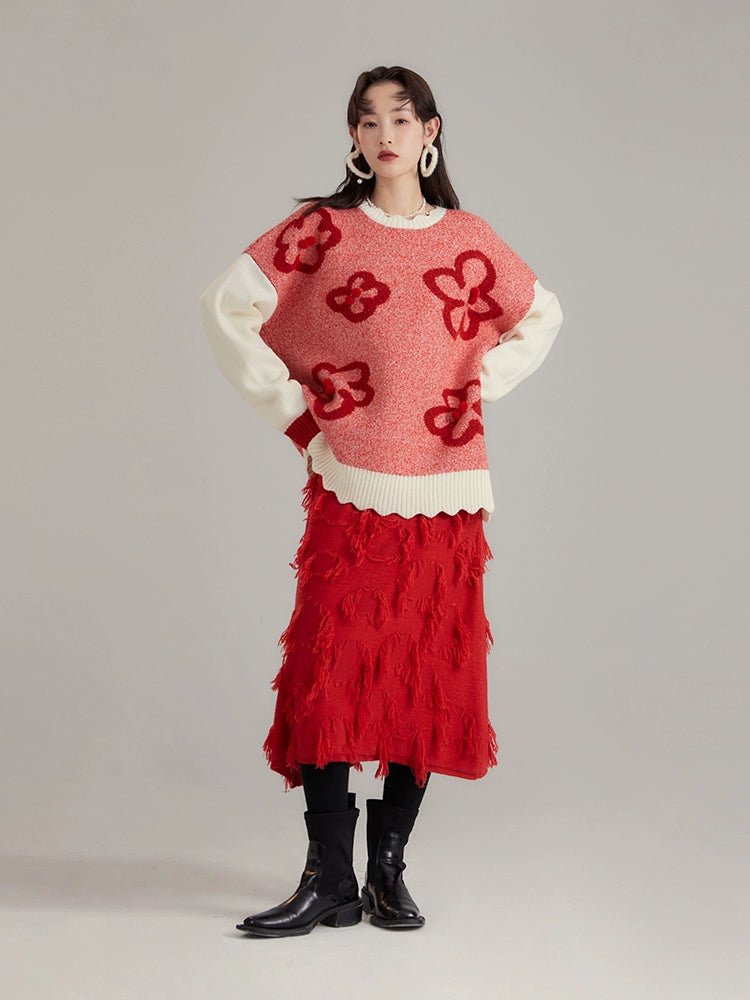 bright red, joyful atmosphere, irregular jacquard A-line wool mid length skirt