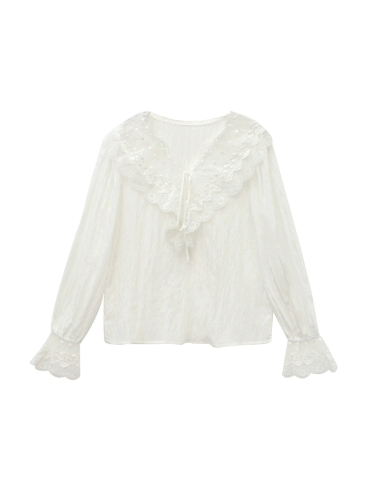 White Lace Flare Sleeve Shirt