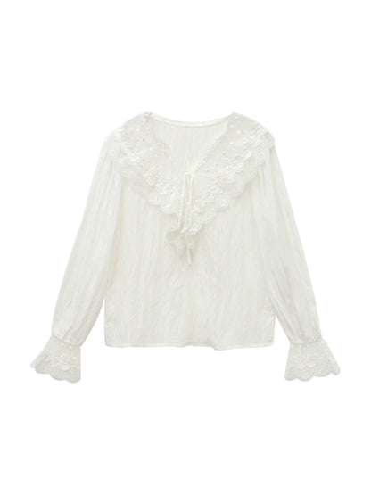 White Lace Flare Sleeve Shirt