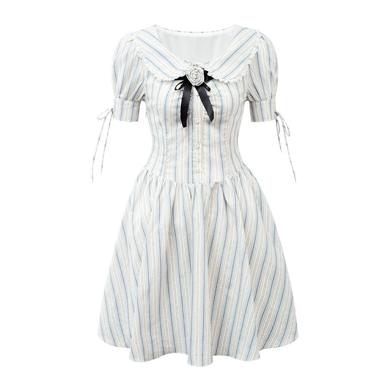 Blue Stripe Children's Dress + Rose Brooch