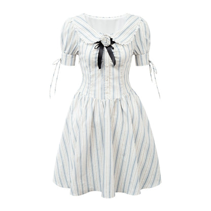 Blue Stripe Children's Dress + Rose Brooch