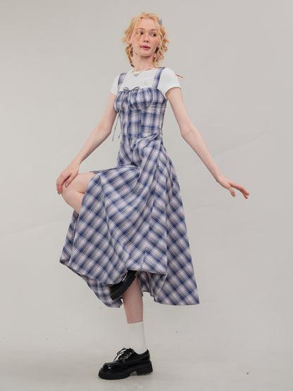 Square Neck Blue Plaid Split Dress - Retro Style