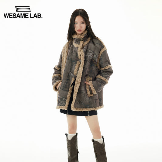 Loose Fit Coffee Printed Leather and Fur Integrated Coat