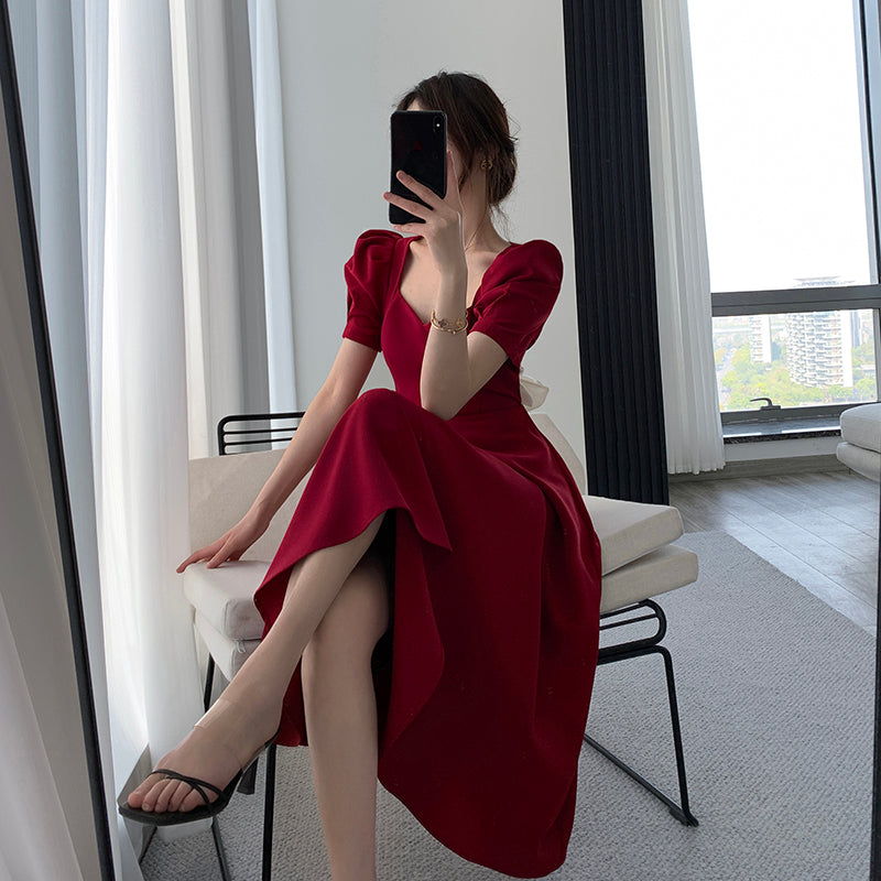 Red Square Neck Engagement Dress | One Piece Dress | Latest Trend | Stylish Wedding Dress Serendute Red Square Neck Engagement Dress | One Piece Dress | Latest Trend | Stylish Wedding Dress Serendute