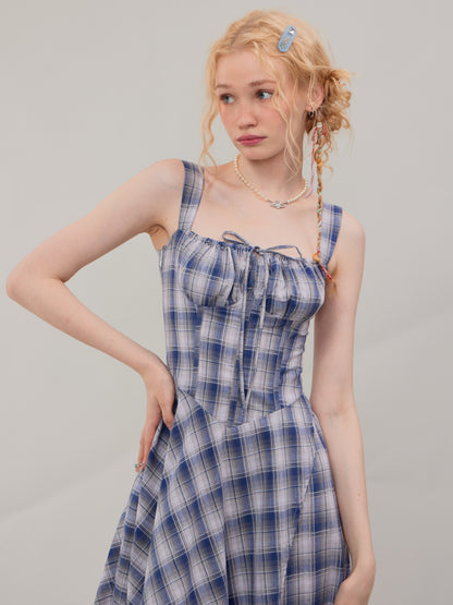 Square Neck Blue Plaid Split Dress - Retro Style