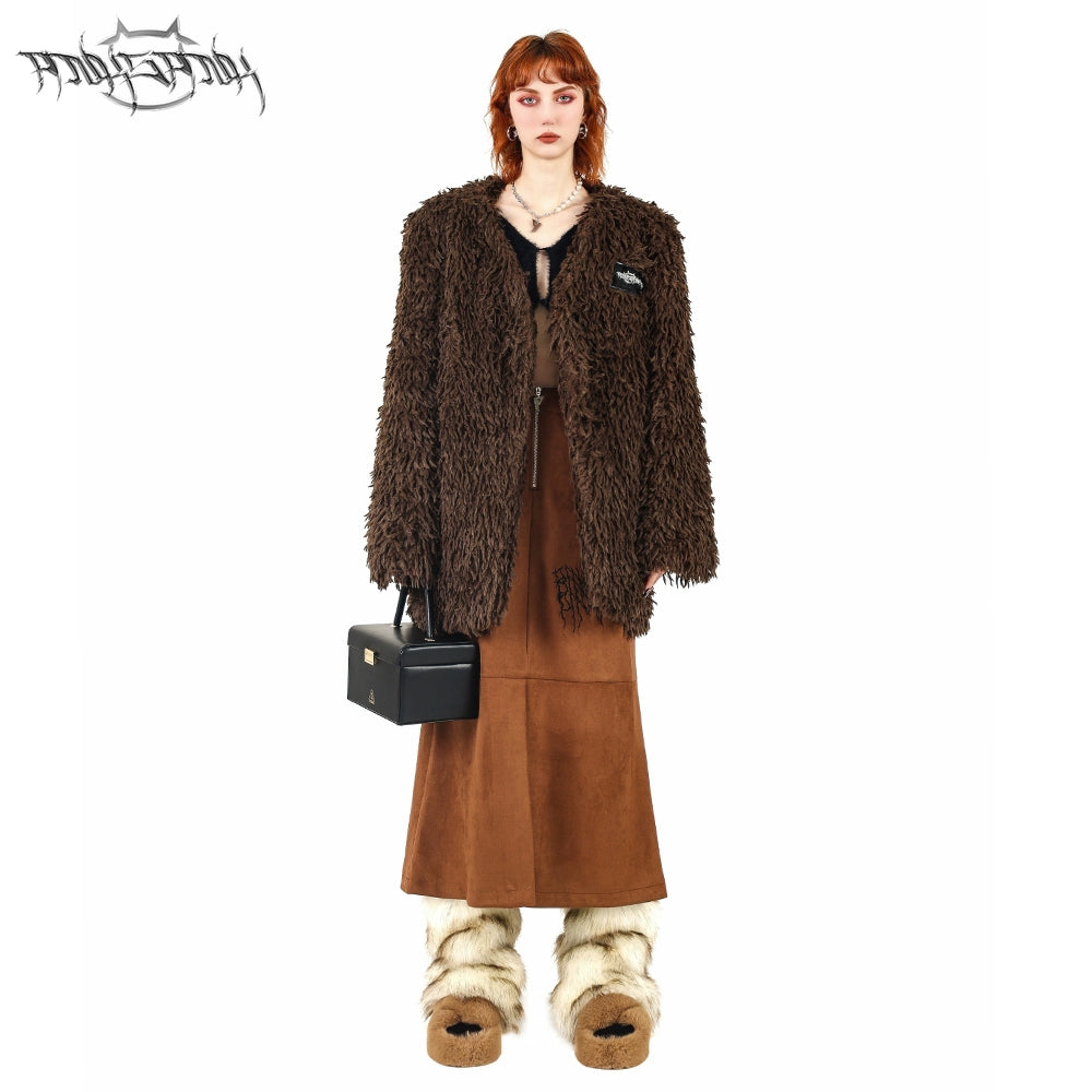 Caramel V-Neck Cotton Coat Fur