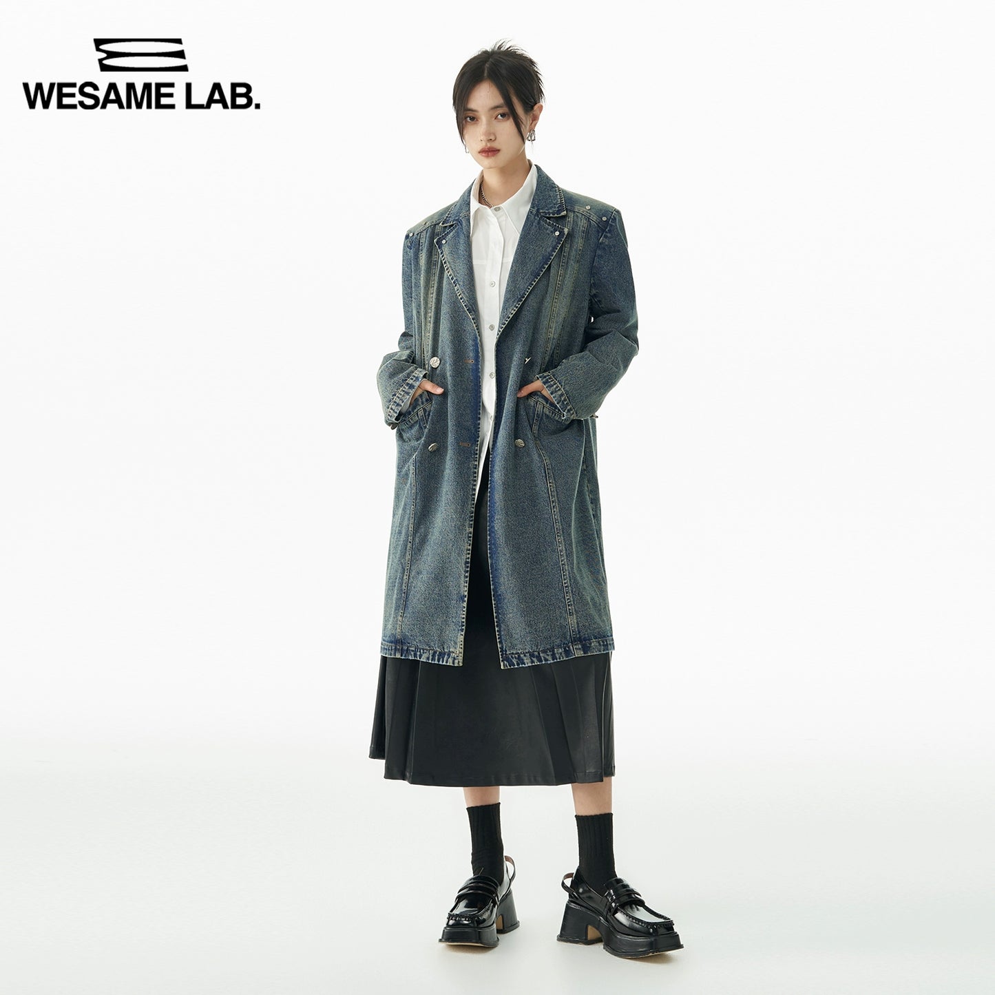 Ink Sense American Retro Washed Denim Long Coat