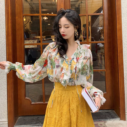 Drop Jun French Vintage Ruffle Edge Printed Top Fairy Spring/Summer Loose Sleeve Chiffon Shirt