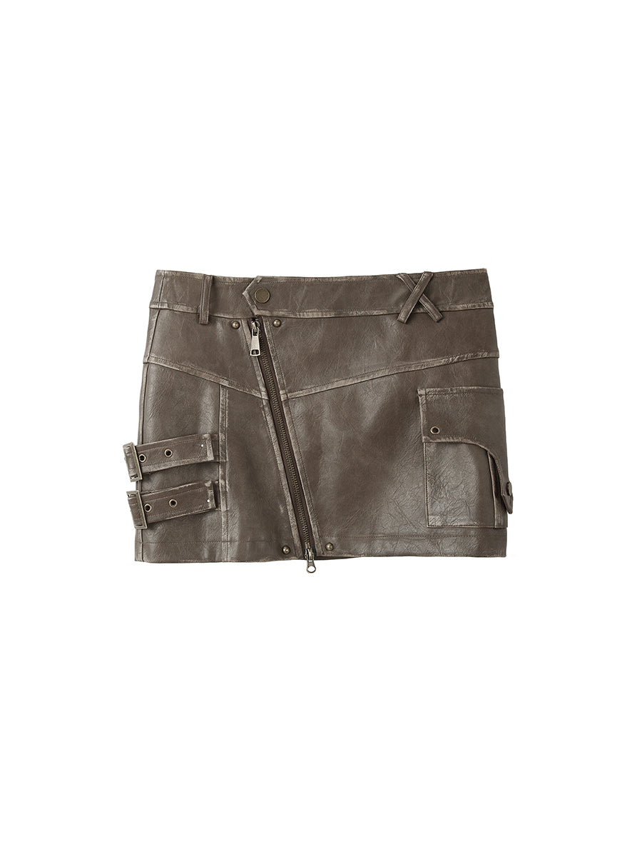 Split Leather Skirt - Brown