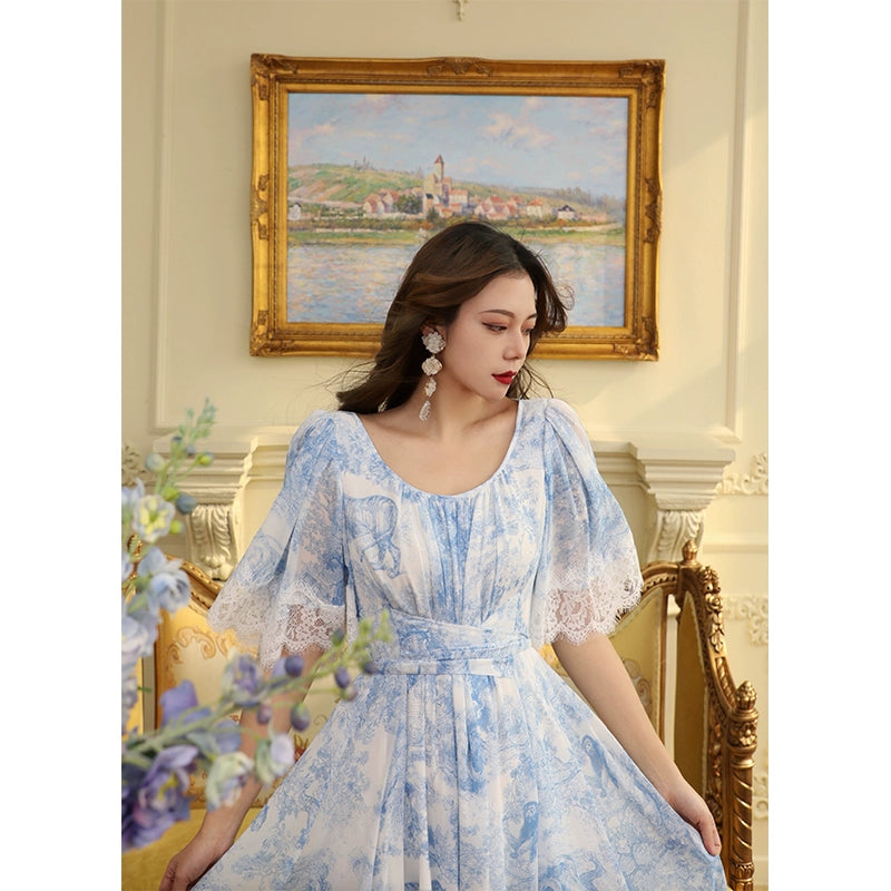 Vintage Print Race Panel Raffle Edge Dress -Feminine dresses featuring  elegant design and delicate lace panels  Serendute