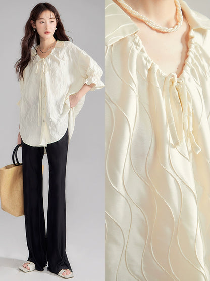 Original Design Moonlight Flowing Light Lazy Wind Loose Satin Wave Pleated Tie Short Sleeve Shirt