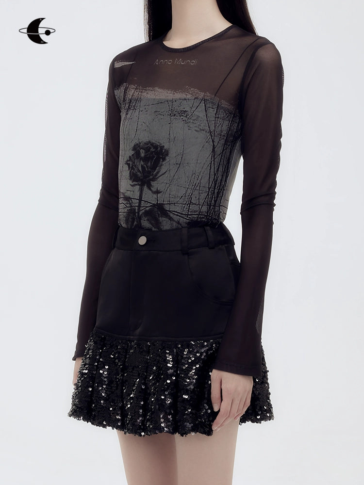 Rose Print Mesh Underlay Shirt