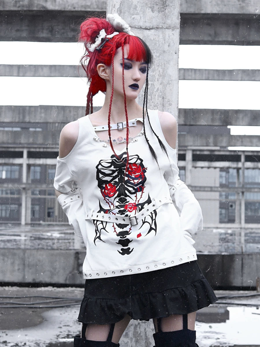 Skull Button Removable Sleeve Tee - White
