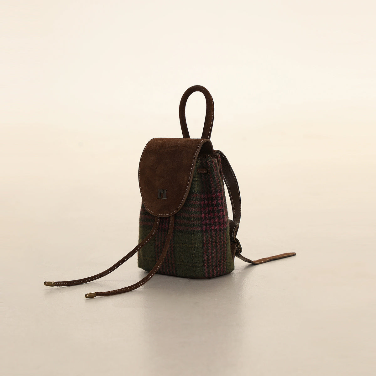 Pink Green Grid Suede Backpack