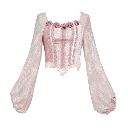 Sakura Velvet Rose Lantern Sleeve Top