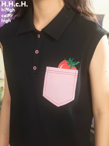 딸기 프린트 패치 포켓 소매 티셔츠