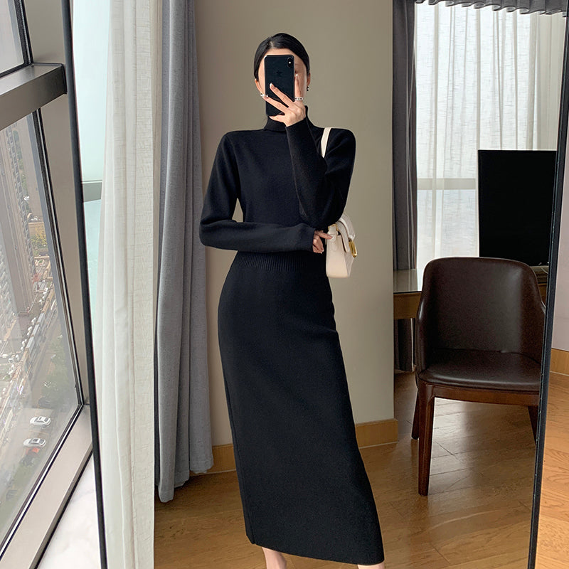 Black Knit Dress High Neck Coat