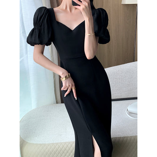 Stylish Split Neck Black Dress - Summer