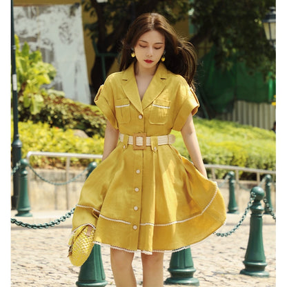 Yellow Temperament Loose Linen Shirt Dress