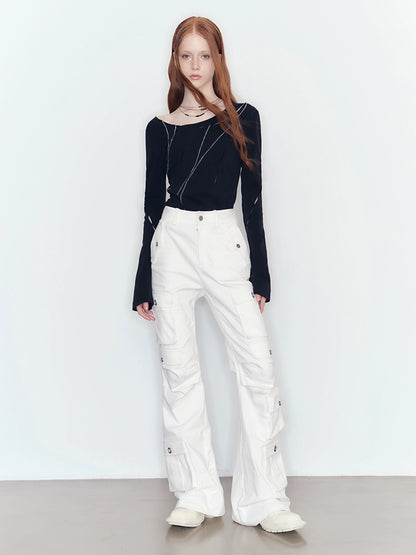 Contrast Hollow Elastic Knit Top