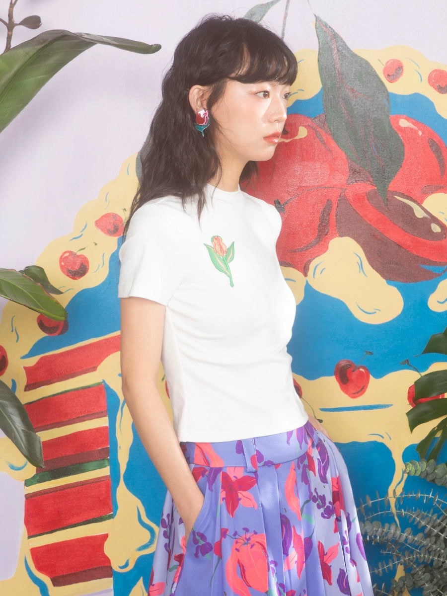 Hand Painted Tulip White Short Sleeve T-shirt