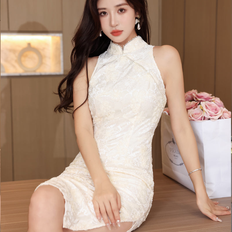 Apricot Lace Embroidered Qipao Dress