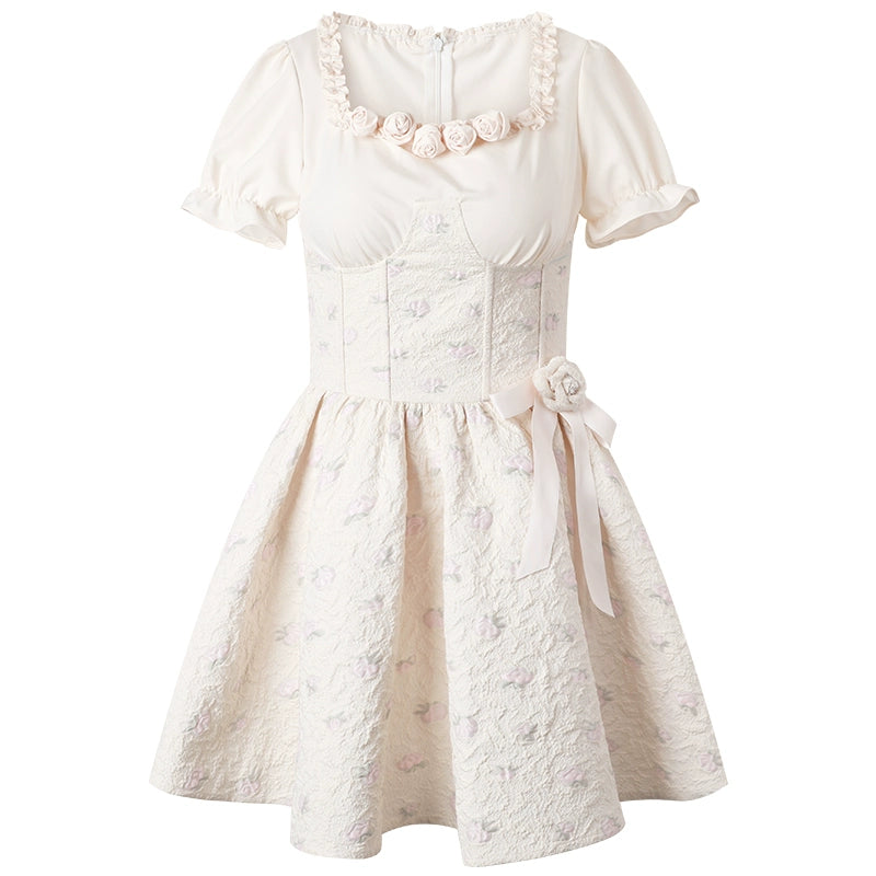 3D Rose Bubble Sleeve Dress