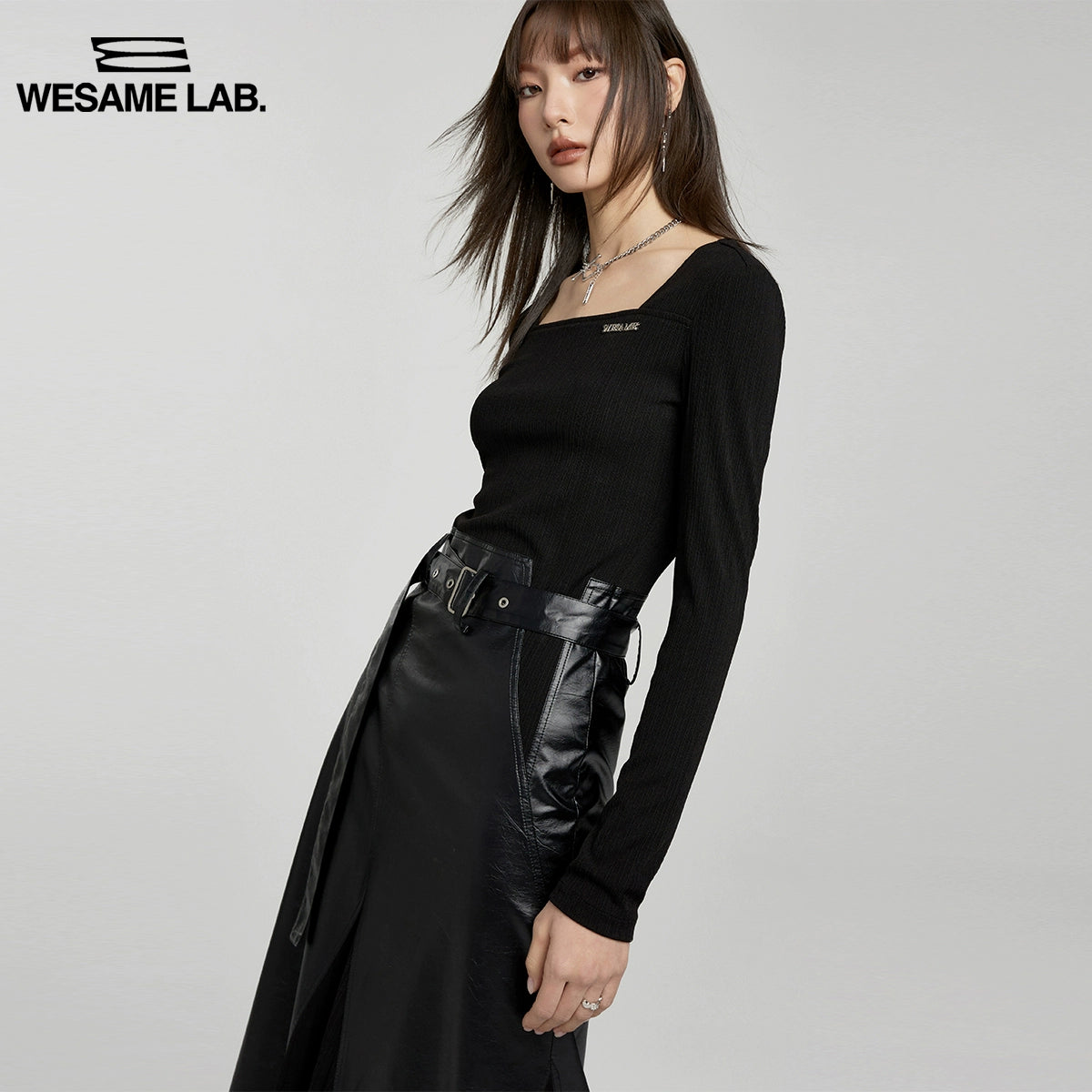 Slim Fit Square Neck Panel Leather Dress