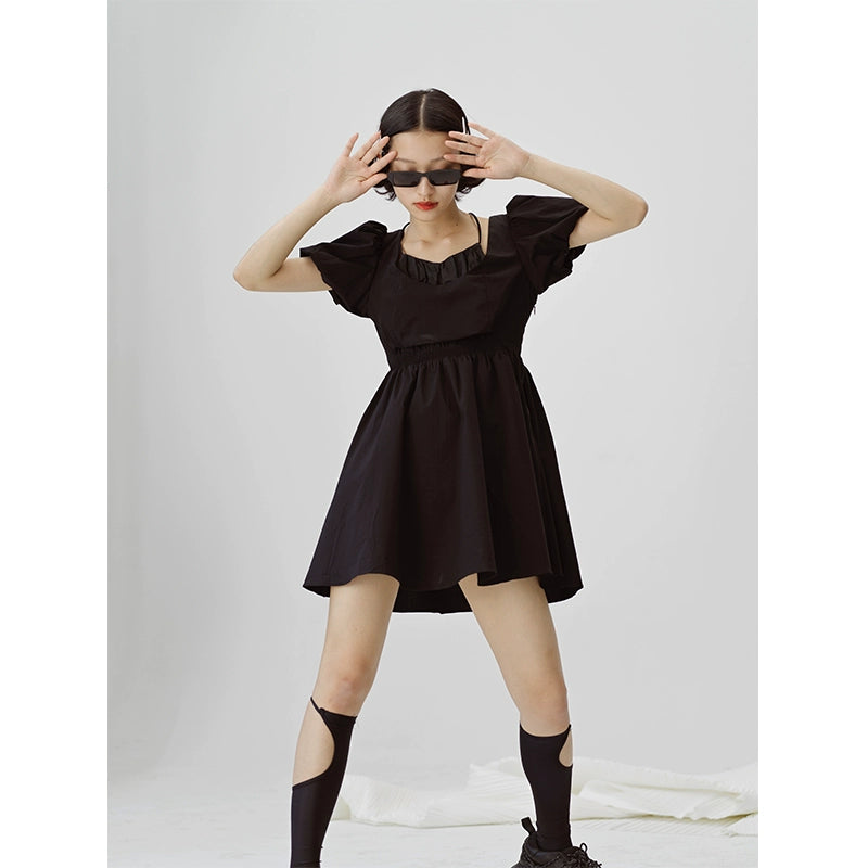 Bubble Sleeve - Open Navel Black Dress