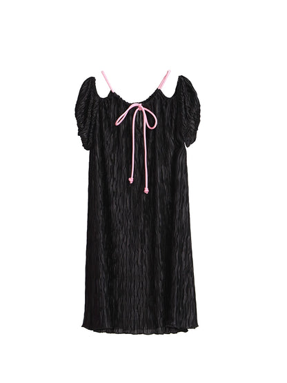 Original Design Pink Cool Black Lace up Bow Tie Silky Pressed Pleated Off Shoulder Short Sleeve Dress