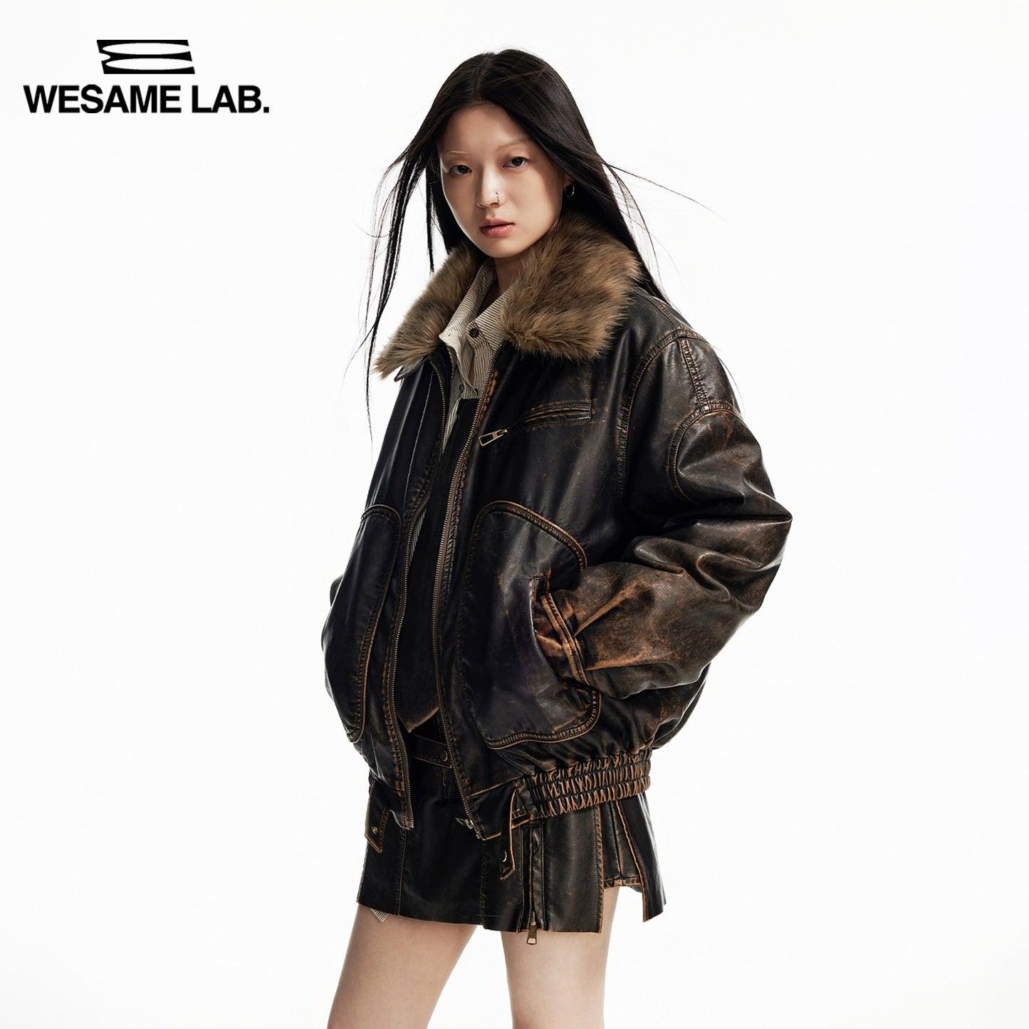 Detachable Fur Collar Brushed Leather Thickened Jacket