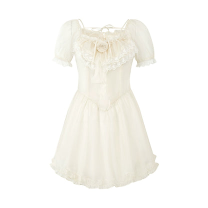 Off White Bubble Sleeve French Dress