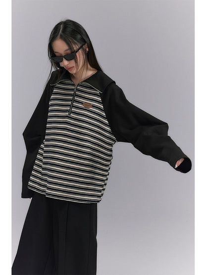 Striped Lapel - Black Hoodie with Zipper