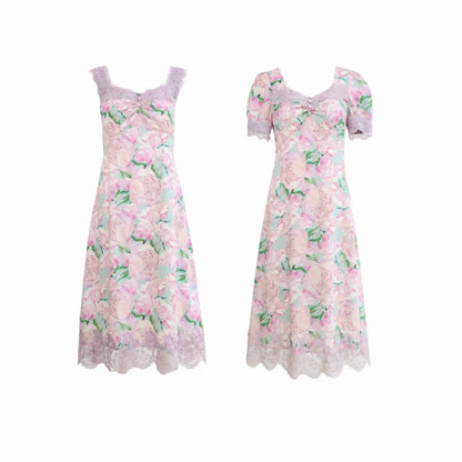 Peach Blossom Silk Crepe Lace Dress