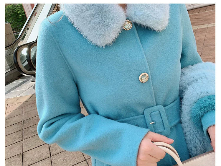 High-End Blue Woolen Winter Coat