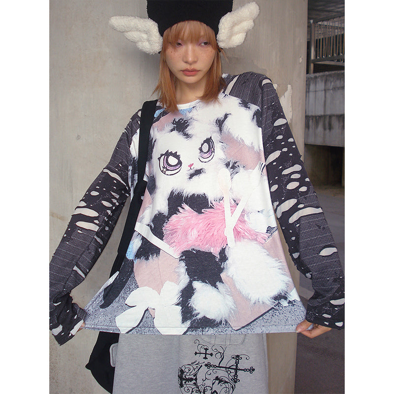 Abandoned Bunny Print Raglan Sleeve Top