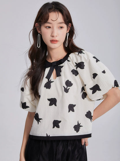 Original Design Wind Blows Tulip Contrast Sticker Embroidery Lantern Sleeve T-shirt Half Skirt Set