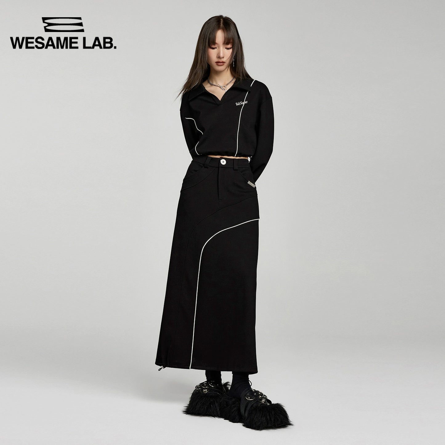 오리지널 디자인 패션 짧은 클립 니트 폴로 넥 스웨터 캐주얼 바지 반 치마 세트
