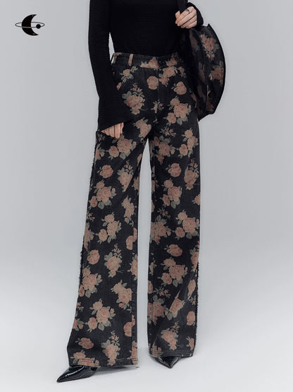 Retro Rose Print Straight Jeans