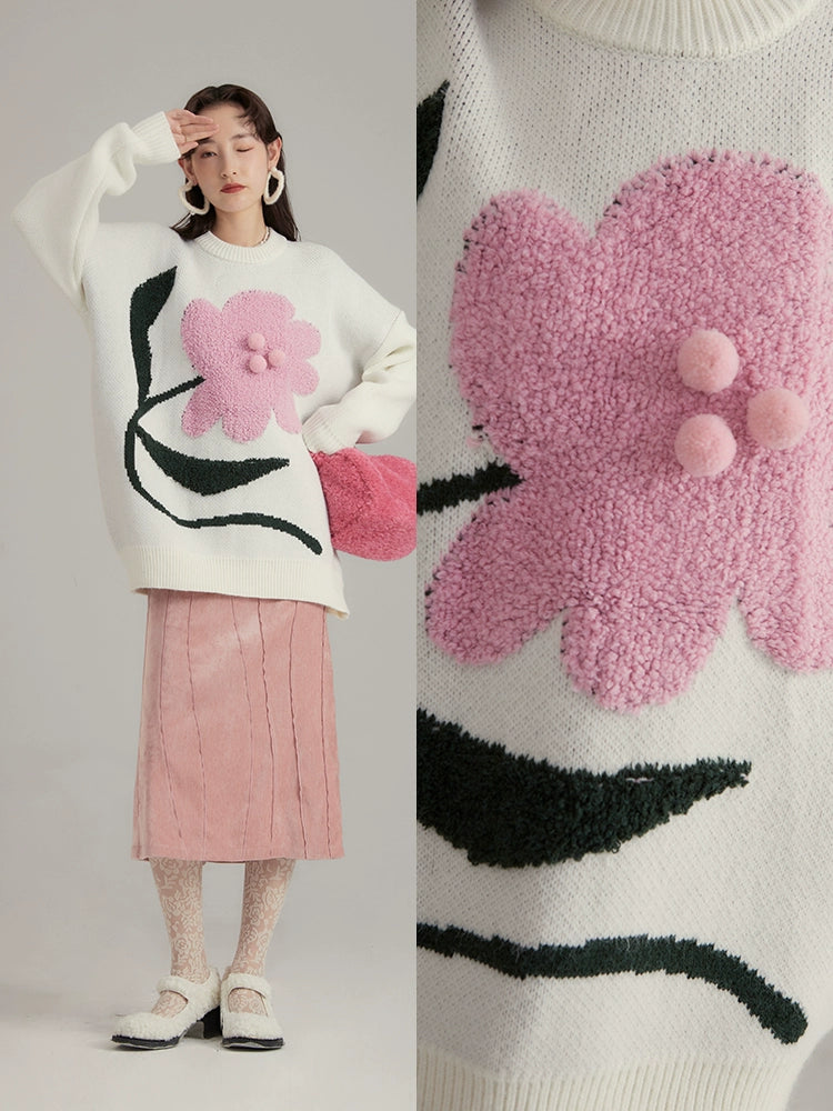 Original Design Gives You a Big Peony Art Design Towel Embroidered Wool Ball Early Autumn Sweater