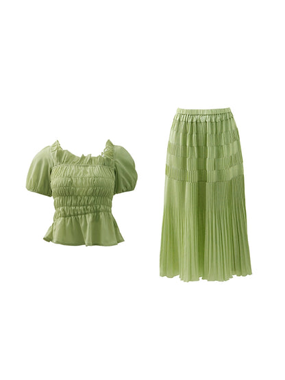 Green Fruit Dew Ruffle Shirt Skirt Set