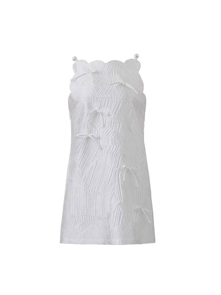 Original Design Pearl Tidal Pure White Bow Ribbon Pressed Pleated Straight Tank Top Dress Dress