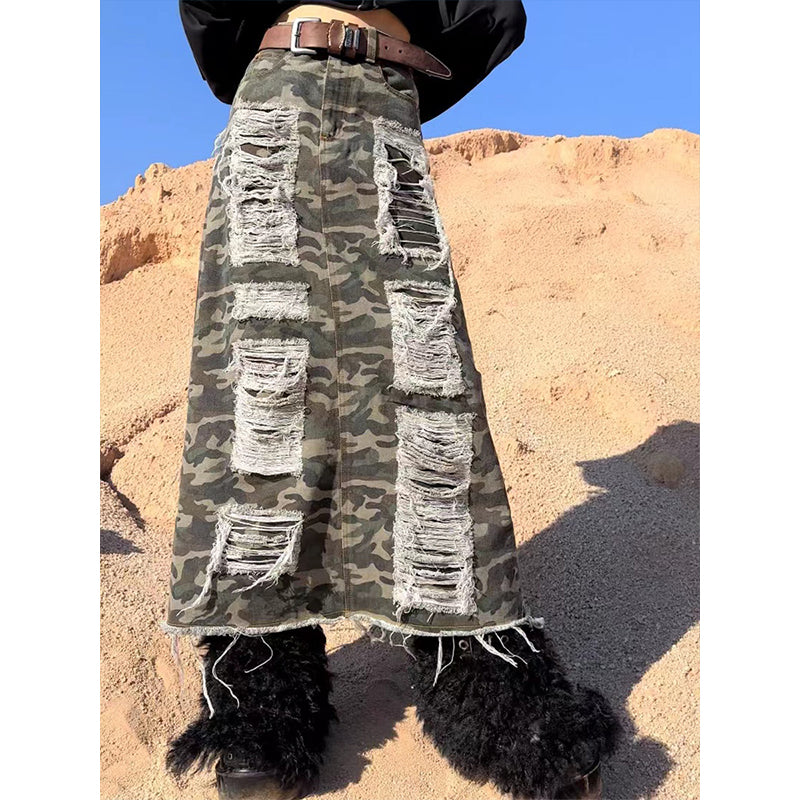 distressed camouflage long skirt