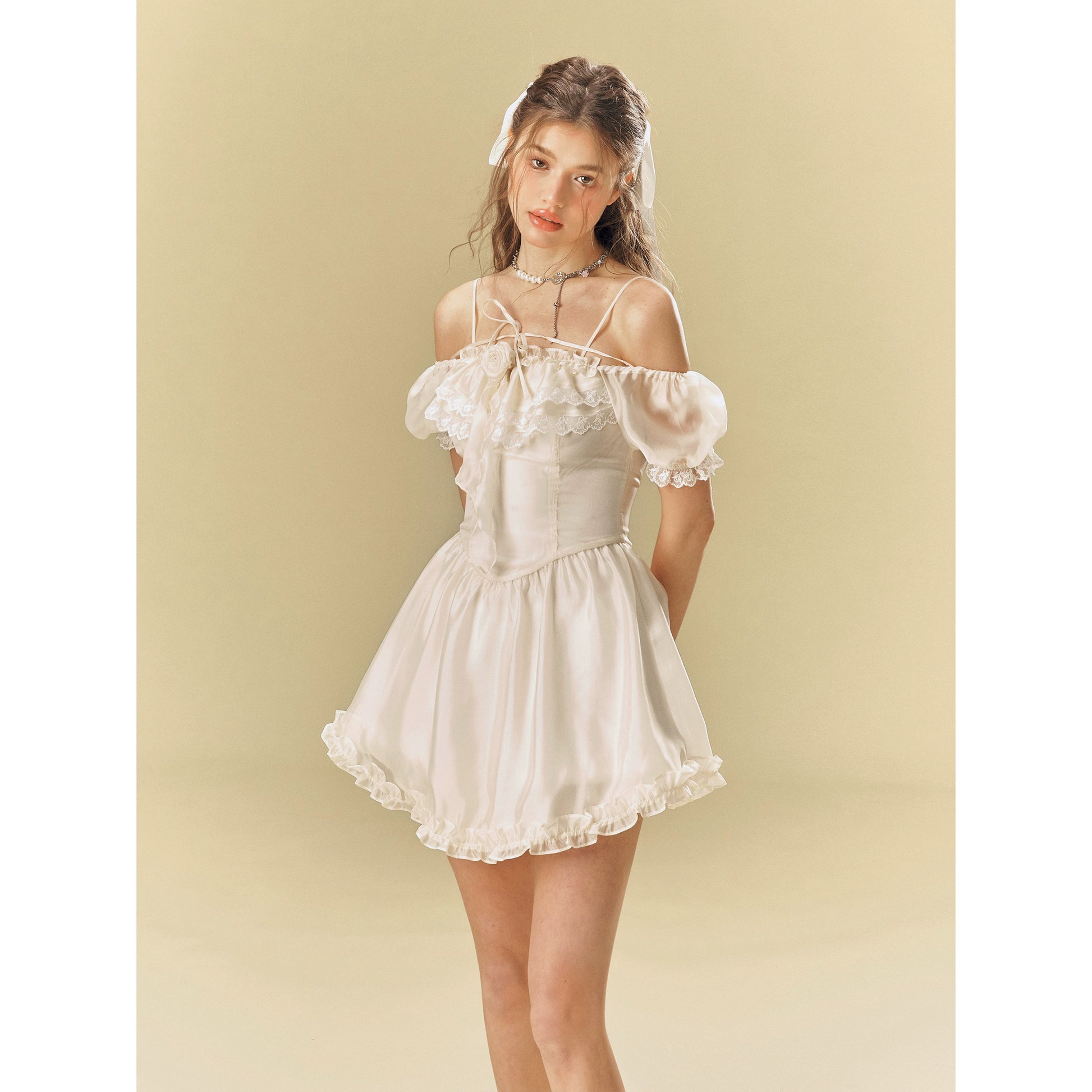 Off White Bubble Sleeve French Dress