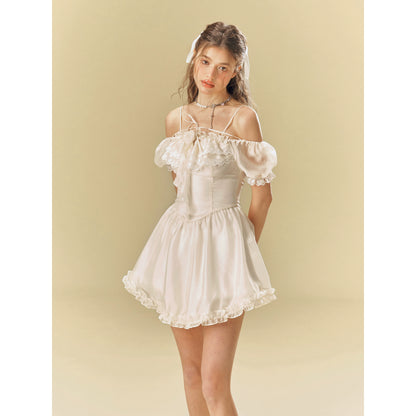 Off White Bubble Sleeve French Dress