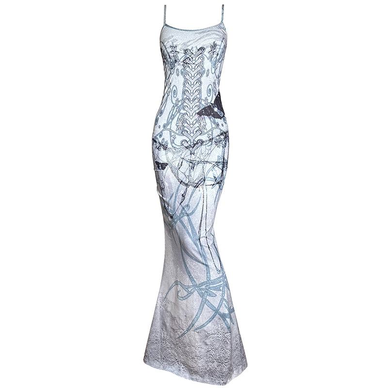 Butterfly Thorn Print Strap Fishtail Dress